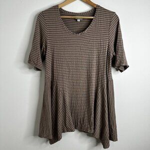 Niche Nilgun Derman Shirt Womens L Brown Striped Lagenlook Boho Hippie Stretch